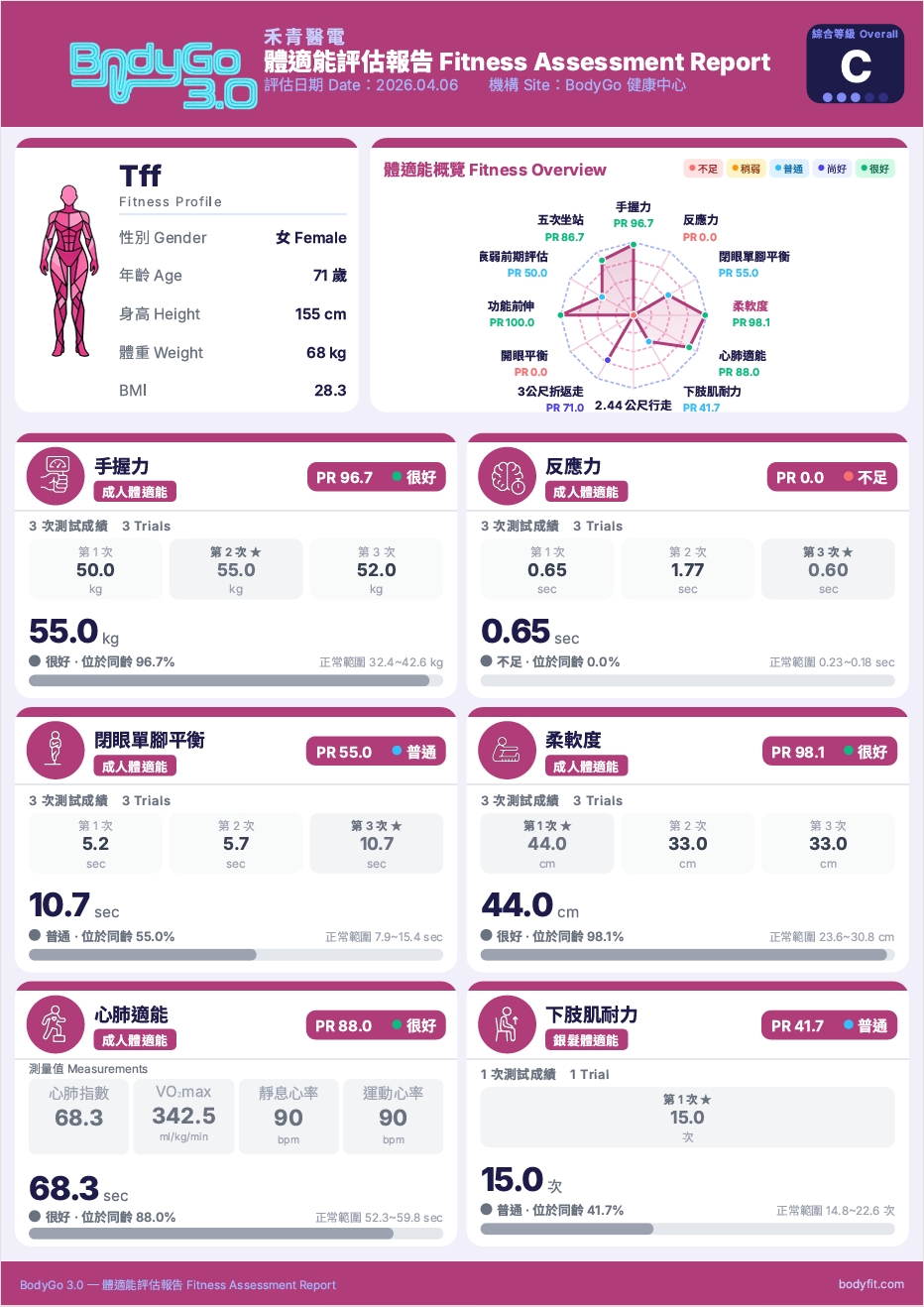 BodyGo 3.0 體適能評估報告第 1 頁:綜合等級、雷達圖總覽、各項成績卡