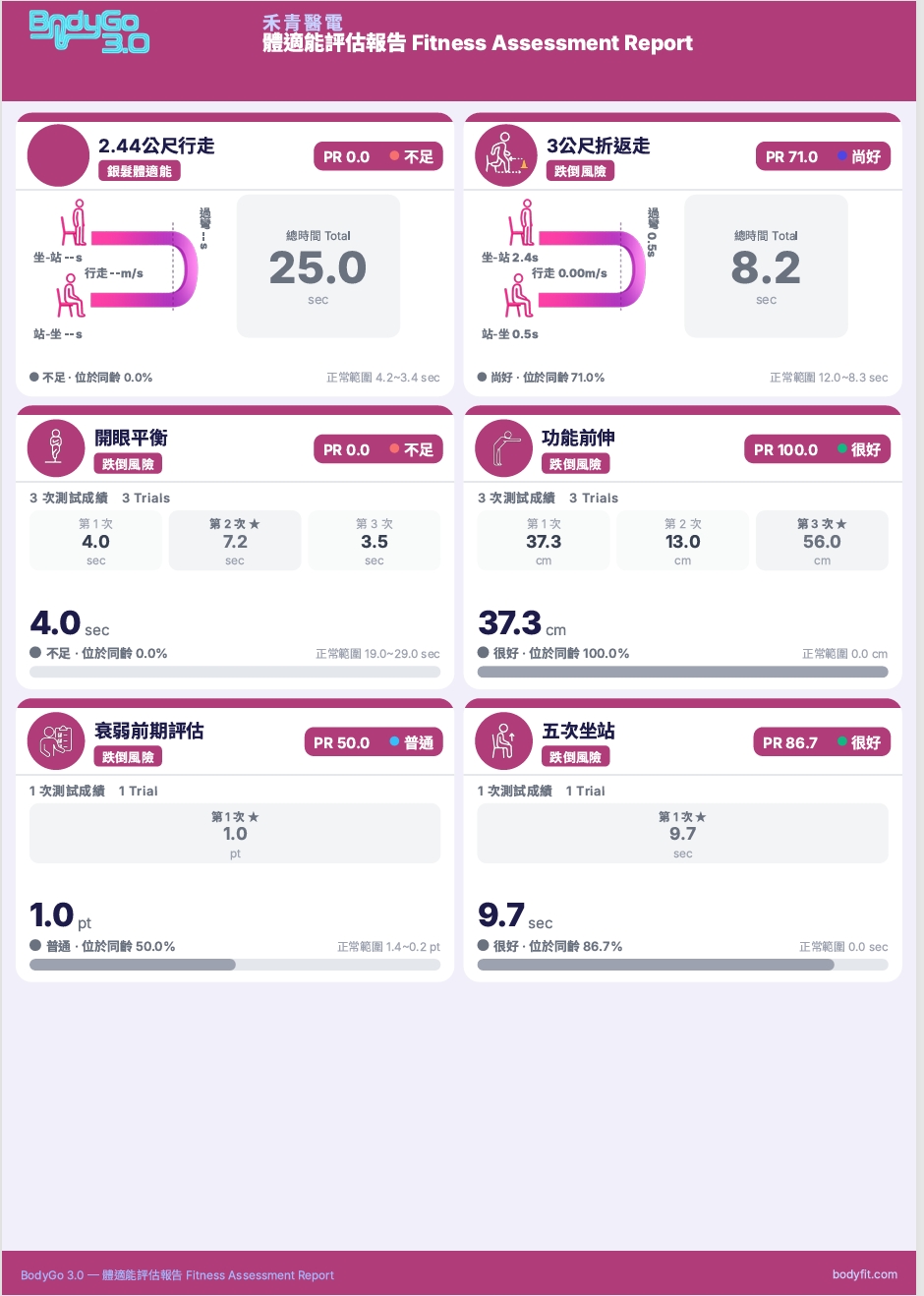 BodyGo 3.0 體適能評估報告第 2 頁:折返走分段圖解、平衡、前伸、坐站明細